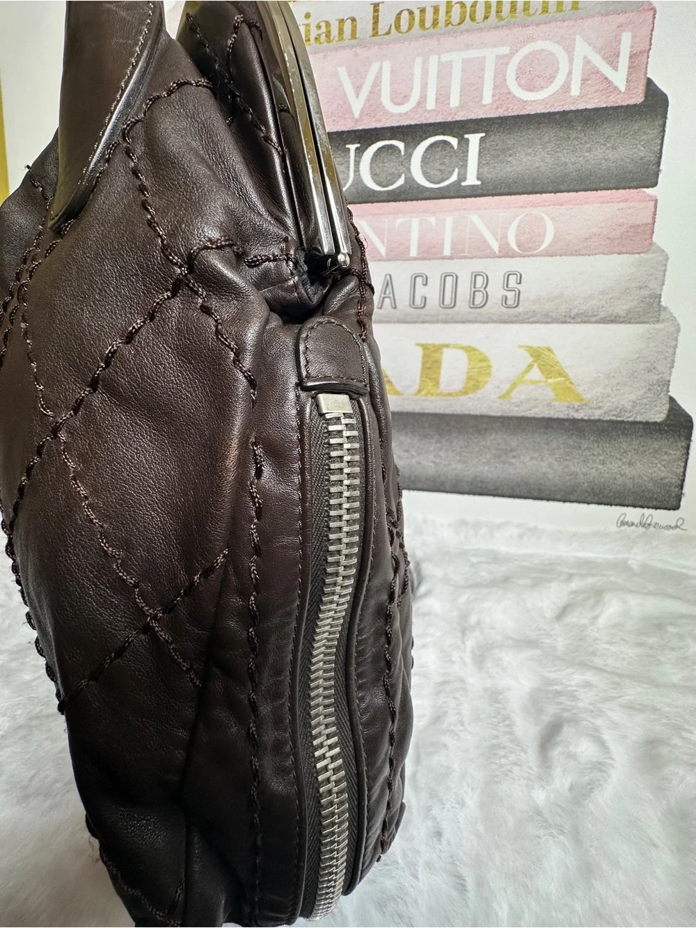 CHANEL CC SHW Handbag Calfskin Leather Brown